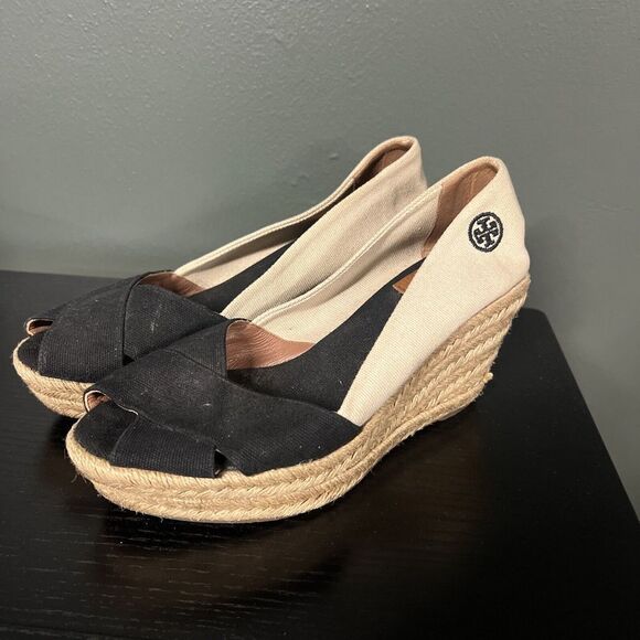 Tory Burch Filipa Espadrille Canvas Peep Toe Wedge Sandal Size 8.5 Black Beige - Picture 1 of 5